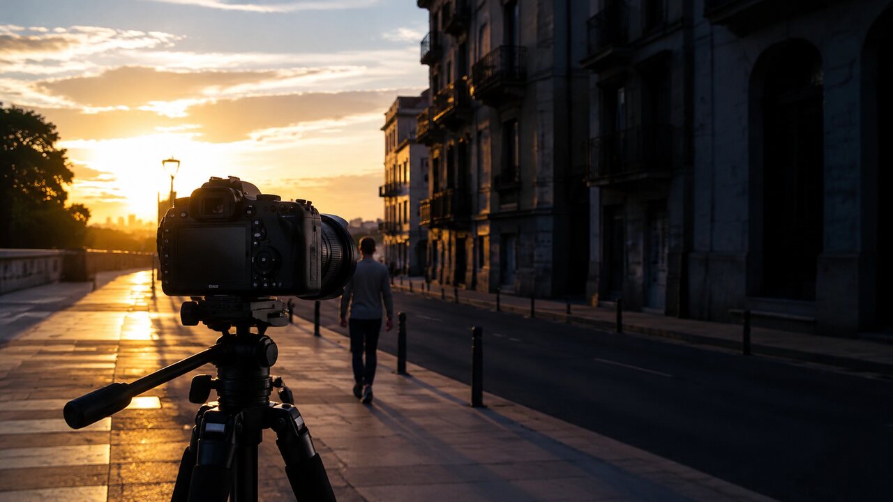 Cámara fotografiando una escena urbana con cielo brillante, una persona iluminada y zonas profundas de sombra