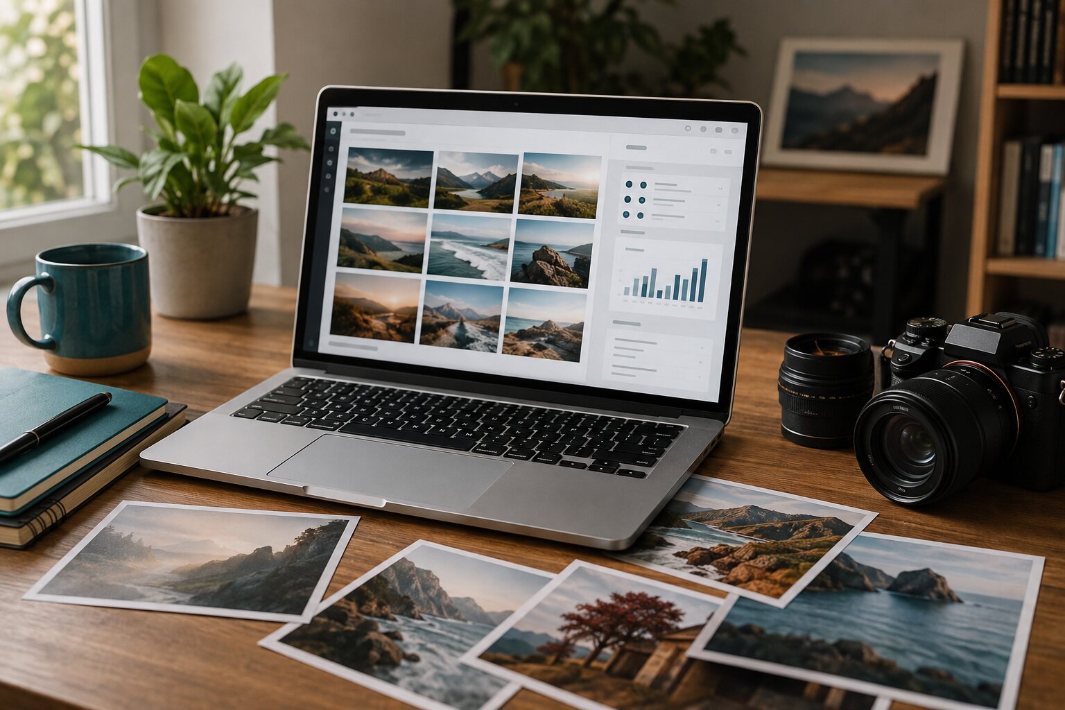 Portátil con una galería de fotografías preparada para un banco de imágenes, cámara y copias impresas sobre una mesa de trabajo